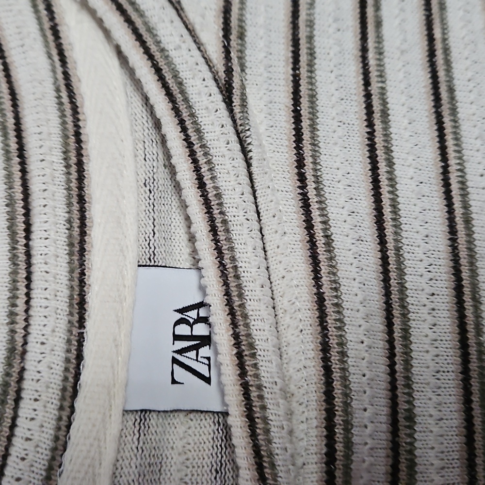 ZARA Textured Crew Nexk Short Sleeve Striped Shirt Ivory Tan Brown Sz Med